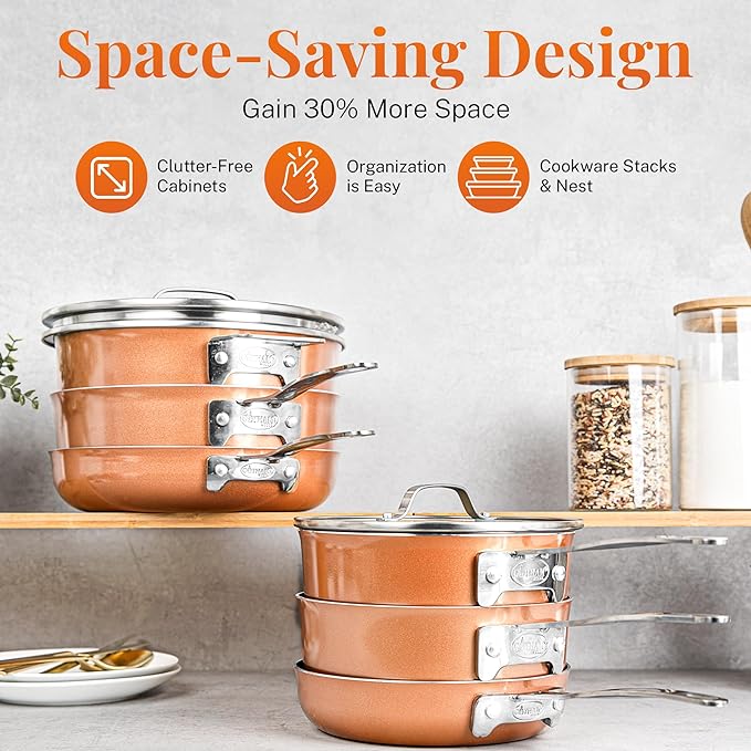 GOTHAM STEEL 10 Pc Copper Pots and Pans Set Non Stick Cookware Sets with Kitchen Utensils, Induction Ready, Non Toxic PFOA PFOS Free, Nesting Design for 50% Space Saving, Oven and Dishwasher Safe