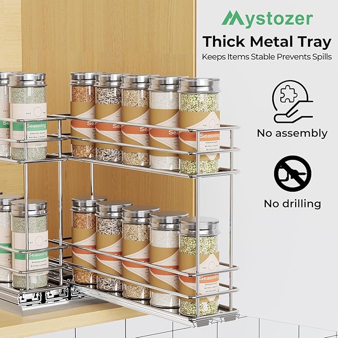 Pull Out Spice Rack Organizer for Cabinet, Slide Out Spice Racks, Easy to Install Spice Cabinet Organizer, 2.1''Wx10.35''Dx8.26''H, 2 Drawers 2 Tiers(Silver)