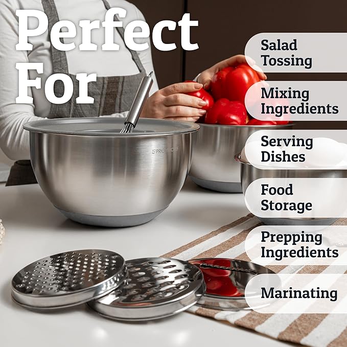 Priority Chef Stainless Steel Mixing Bowls with Lids Set, 3 Grater Attachments, Airtight Lids, Non-Slip Silicone Base Mixing Bowl Set, Large Prep Metal Mixing Bowls for Kitchen, Grey