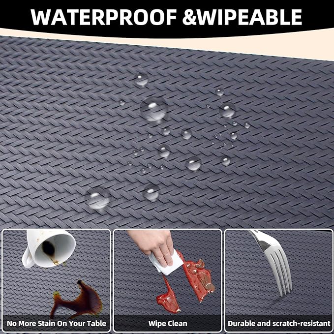 Vinyl Placemats Set of 6-12×17.7 Inch Waterproof & Heattable Placemats, Fall Faux Leather Wipeable Outdoor Table Mat for Dining, Kitchen, Indoor Outdoor Use (Dark Grey, Cable Pattern)