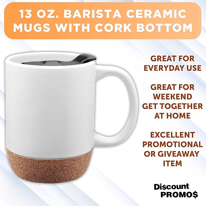DISCOUNT PROMOS Barista Ceramic Mugs with Cork Bottom 13 oz. Set of 12, Bulk Pack - Perfect for Coffee, Tea, Espresso, Hot Cocoa, Other Beverages - White