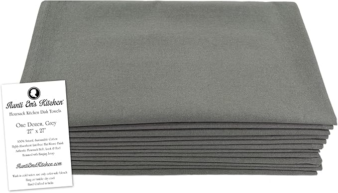Aunti Em's Kitchen Flour Sack Dish Towels - Natural Cotton for Embroidery and Drying Glass, Hand, Dinnerware - Plain, Thick, Zero-Lint, Highly Absorbent - Set of 12, 27 x 27 Inch, Steel Grey