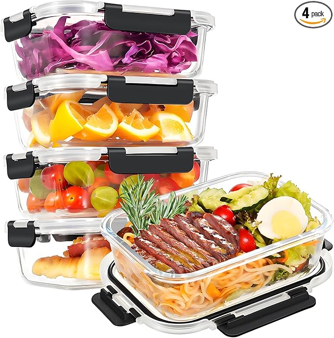HOTEC 35OZ Glass Food Storage Container, Airtight Glass Lunch Fruit Containers with Lids - Microwave, Oven, Freezer and Dishwasher Safe, 4-PACK