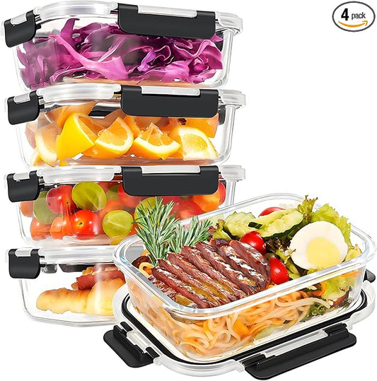 HOTEC 35OZ Glass Food Storage Container, Airtight Glass Lunch Fruit Containers with Lids - Microwave, Oven, Freezer and Dishwasher Safe, 4-PACK