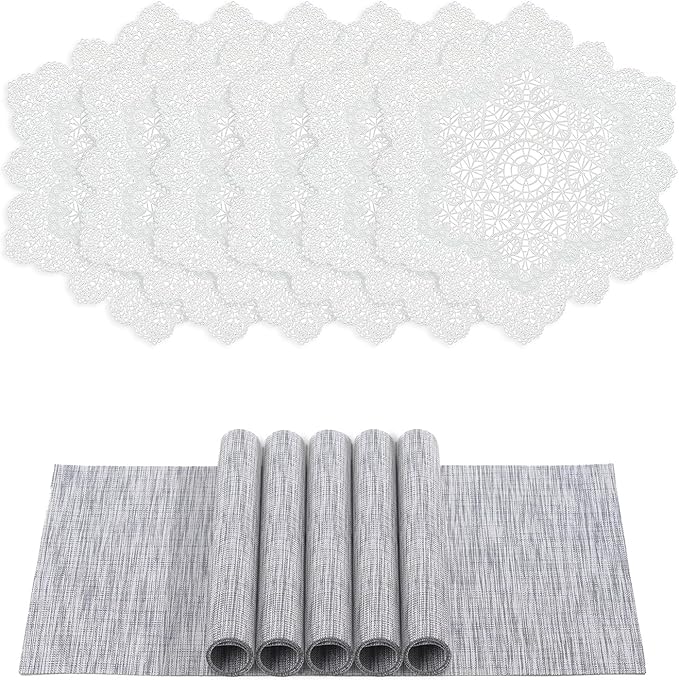 BACKTOEDEN Placemats Set of 6 Heat Resistant Washable Wipeable Placemat Woven Non-Slip Foldable Vinyl/Plastic Place Mats Indoor/Outdoor Mat Kitchen Dining Table Pad, White Snowflake & Gray