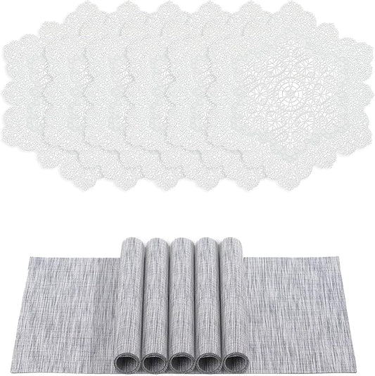 BACKTOEDEN Placemats Set of 6 Heat Resistant Washable Wipeable Placemat Woven Non-Slip Foldable Vinyl/Plastic Place Mats Indoor/Outdoor Mat Kitchen Dining Table Pad, White Snowflake & Gray