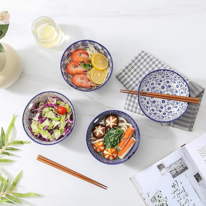 Selamica Ceramic Ramen Bowls Set, 15 OZ Noodle Bowls for Kitchen with Chopsticks, Deep Soup Bowls for Japanese Ramen Udon Soba, Microwave Dishwasher Safe, Set of 4, Vintage Blue