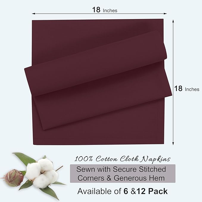 Ruvanti Cloth Napkins Set of 6, 18x18 Inches, 100% Cotton, Washable, Soft & Absorbent, Perfect for Wedding, Christmas, ‎Thanksgiving Dinners - Burgundy