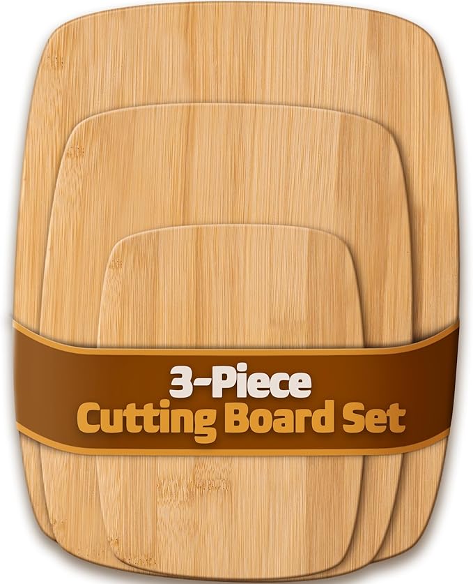 Bamboo Cutting Board Set of 3 - Reversible Wooden Cutting Boards for Kitchen, Chopping Meat, Cheese, Vegetables, Bread, Charcuterie, Serving Tray - 13"x9.5", 11"x8.5", 8"x6" Boards