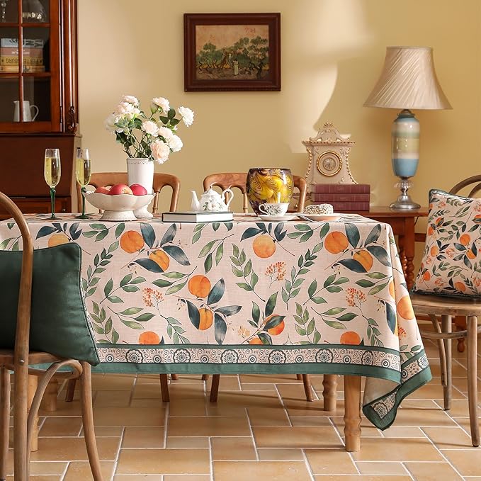 patdrea Designer Orange Tablecloth for Rectangle Tables,Framhouse Linen Oranges and Leaves Tree Pattern Linen Tablecloth,Fall Fruits Table Cover Cloth Decor for Kitchen Dining Christmas,55"*87"