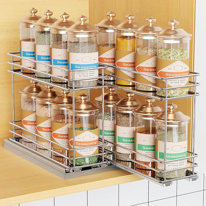 Pull Out Spice Rack Organizer for Cabinet, Slide Out Spice Racks, Easy to Install, 3.0''Wx10.35''Dx8.26''H, 2 Drawers 2 Tiers(Silver)