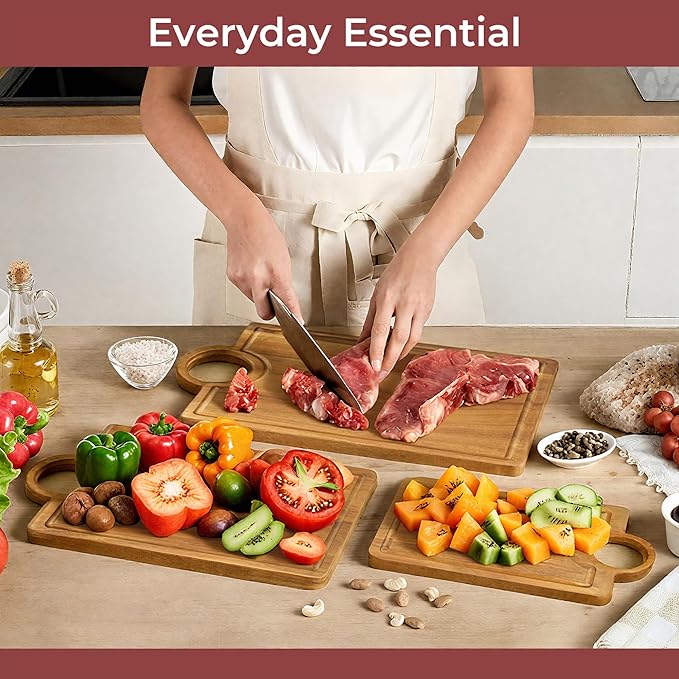 Acacia Wood Cutting Boards set of 3 with Juice Groove ＆ Handle Thickened Design Including Large(Chopping)/Medium(Prep)/Small(Serving) Multi-functional for Kitchen or Serving Tray