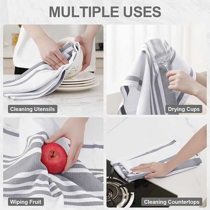 Homaxy Premium Kitchen Towels 18”x 28”, Large Cotton 380 GSM Kitchen Hand Towels, Stripe and Terry Dish Towel, Highly Absorbent Tea Towel Set with Hanging Loop, 12 Pack, Grey