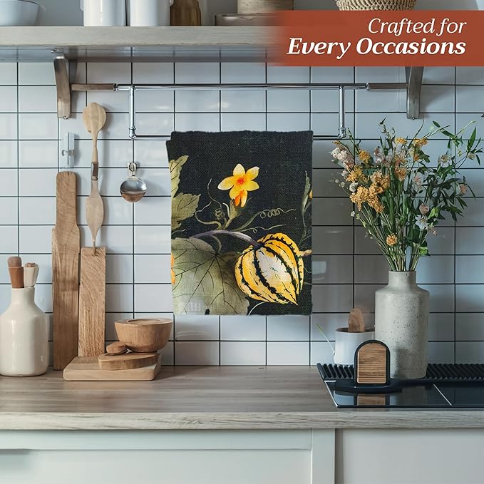 Maison d' Hermine Kitchen Towels Set of 3 100% Cotton 20" x 27.5" Reusable Cloth Tea Dish Towels Absorbent with Hanging Loop for Dining Thanksgiving Christmas Decorations (Pumpkin Garden - Dark Green)