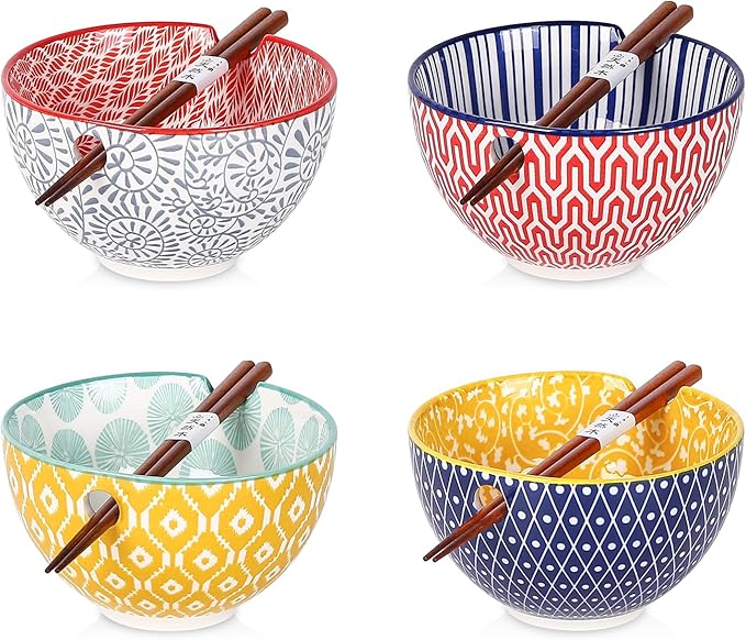 Selamica Ceramic Ramen Bowls Set, 15 OZ Noodle Bowls for Kitchen with Chopsticks, Deep Soup Bowls for Japanese Ramen Udon Soba, Microwave Dishwasher Safe, Set of 4, Assorted Colors