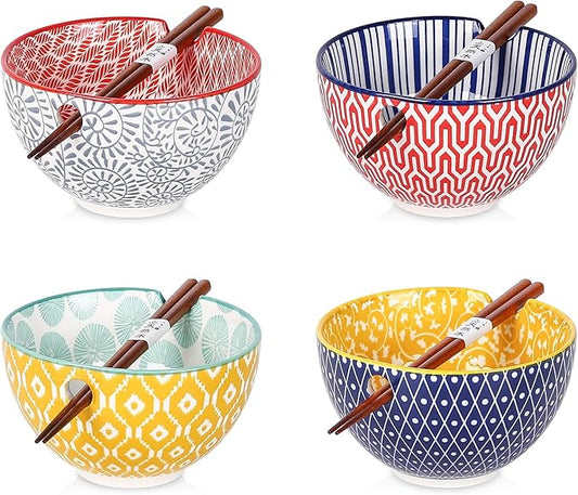 Selamica Ceramic Ramen Bowls Set, 15 OZ Noodle Bowls for Kitchen with Chopsticks, Deep Soup Bowls for Japanese Ramen Udon Soba, Microwave Dishwasher Safe, Set of 4, Assorted Colors