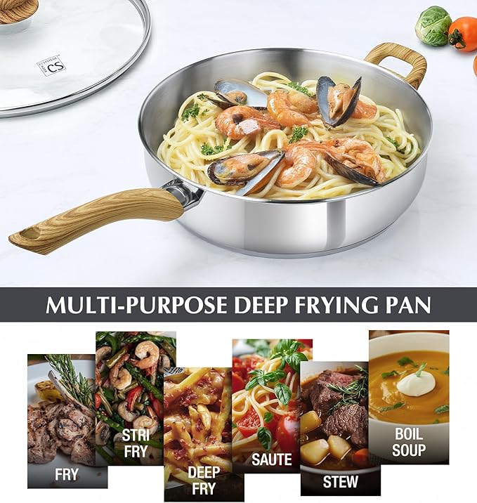 KOCH SYSTEME CS Saute Pan with Lid, 12 Inch Deep Frying Pan with Lid, 5.5 Quart Stainless Steel Saute Pan with Stylish Cool-Touch Bakelite Handle, 12 Inch Deep Stainless Steel Pan, Induction Ready