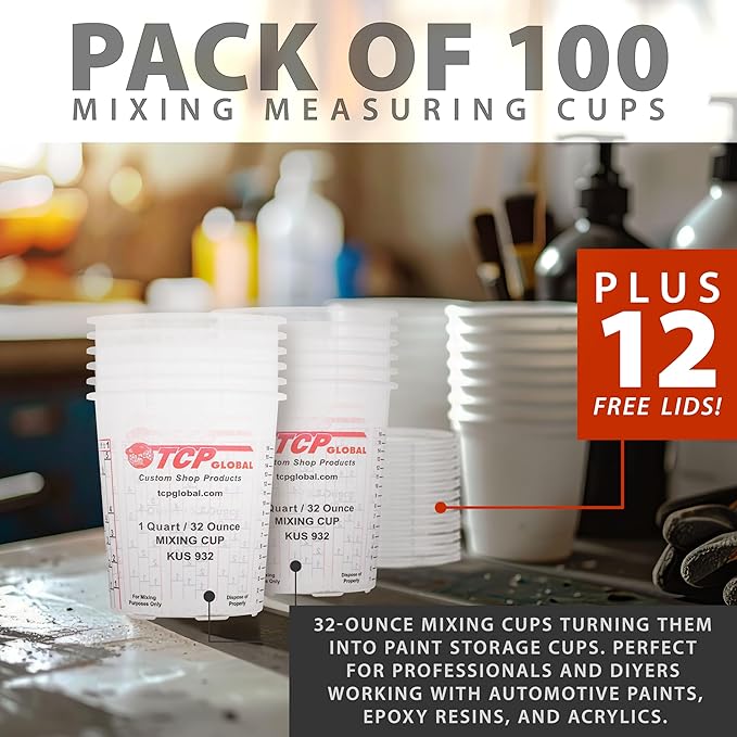 Custom Shop Paint Mixing Cups, 32-Ounce (Box of 100) - Plastic Measuring Cups for Liquids, Automotive Painting, Epoxy Resin, Acrylic Arts, Crafts, Disposable or Reusable, Graduated, Mixing Ratios