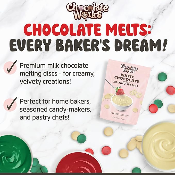 Holiday Melting Chocolate Discs, Red, Green & White, Chocolate Melts for Coating, Dipping & Candy Decorating, Bulk Chocolate Wafer Candy Melts, 5 Pack (2 Red, 2 Green, 1 White), 1 lb Each