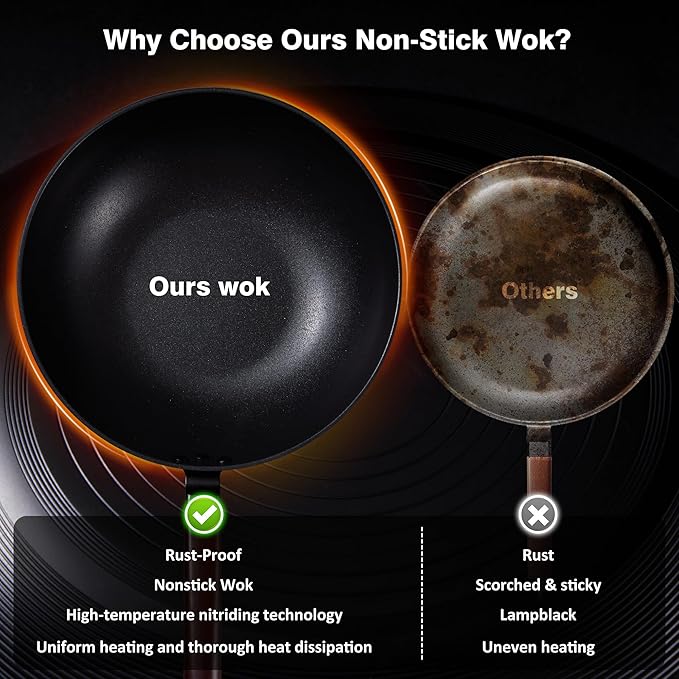 Carbon Steel Wok -13 Inch Woks & Stir-fry Pans Nonstick, Wok Pan with Glass Lid Spatula and Dish Brush: Pre-Seasoned Flat Bottom Chinese Wok for Induction, Electric, Gas, All Stoves