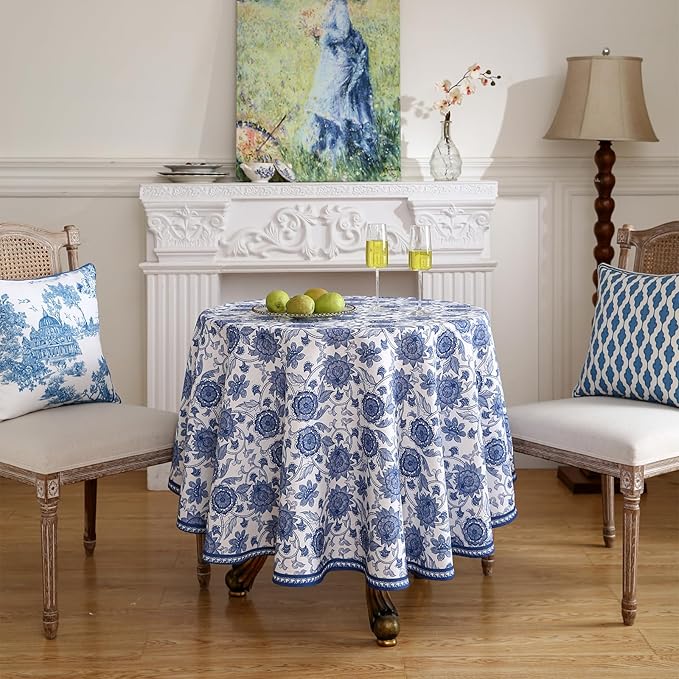 patdrea Designer Blue Tablecloth for Round Tables,Vintage Elegant Linen with Paisley Floral Pattern Tablecloths,Farmhouse Flower Table Cover Cloth Decor for Kitchen Dining Christmas,Diameter 67"