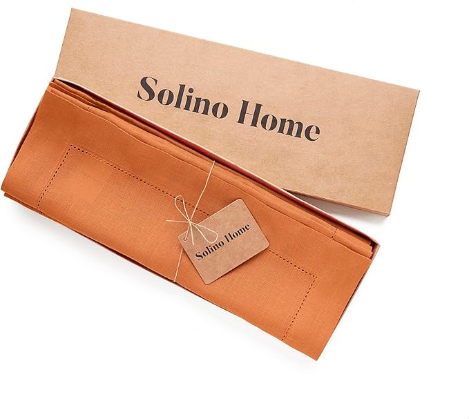 Solino Home Linen Placemats Set of 4 - Classic Hemstitch Pumpkin Placemats 14 x 19 Inch - 100% Pure Linen Table Mats for Fall, Autumn, Thanksgiving, Holiday