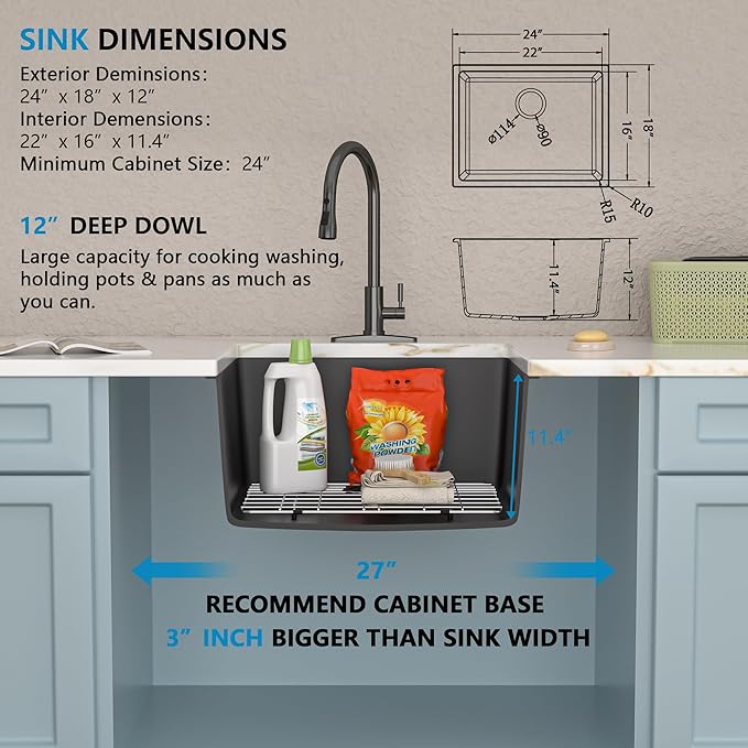 24 Undermount Laundry Sink - Fulorni 24"x18" Laundry Room Utility Sink Undermount Matte Black Granite Composite Quartz Classic 12 Inch Deep Single Bowl Under Counter Basin