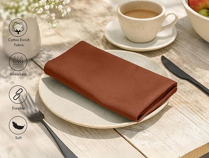 Ruvanti Cloth Napkins Set of 12, 18x18 Inch, Soft & Absorbent Cotton Enrich Dinner Napkins for Hotel, Wedding Parties, Napkins Everyday - Rust