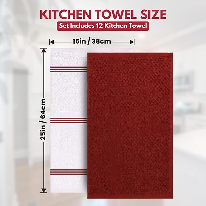 Infinitee Xclusives Premium Kitchen Towels - [Pack of 12] 100% Cotton Kitchen Hand Towels (15 x 25 Inches) - Dish Towels for Kitchen |Passionate Red|