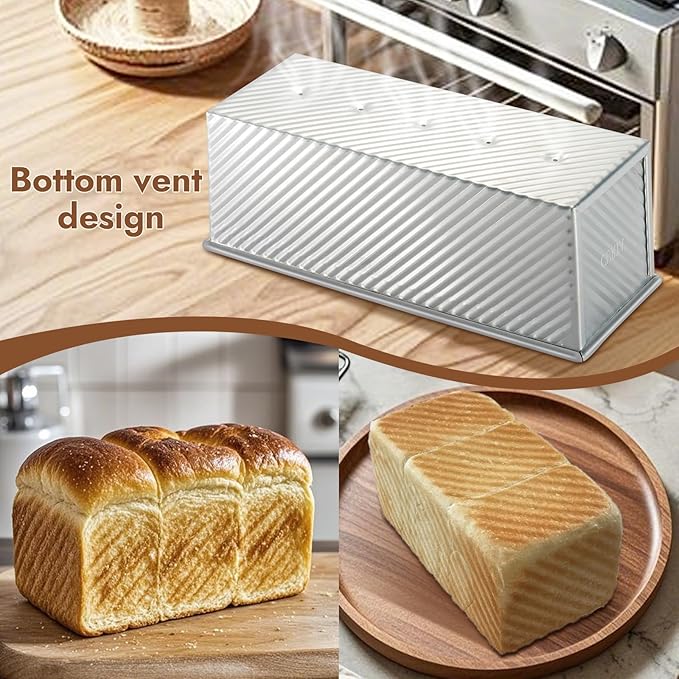 CURTA Commercial Pullman Loaf Pan with Lid 2.2 lb Dough Capacity Non-Stick Bakeware for Baking Bread Corrugated Bread Toast Box Mold Extra Large Loaf Pan Silver 2 pcs