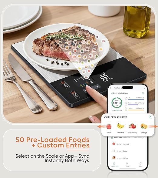 Smart Nutrition Food Scale with TFT Display, Tracks Calories, Fat, Carbs & Protein, Works with App for Daily Reports, 50 Built-in Foods, 23 Nutrients, Digital Kitchen Scale for Meal Prep