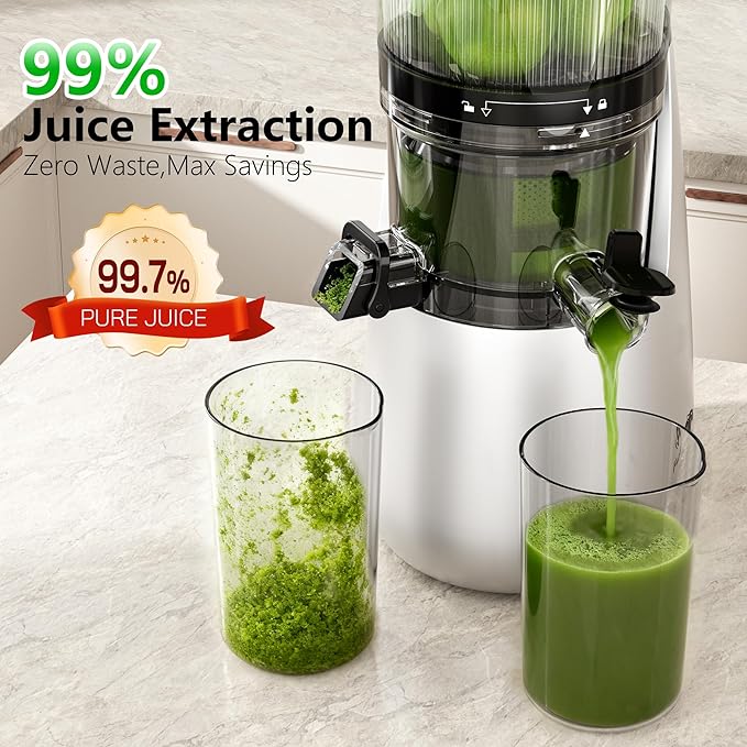 B11 Cold Press Juicer, 6" Extra Wide Feed Chute Slow Masticating Juicer Machine, Powerful AC Brushless Motor, Self Precut System, Easy to Clean, BPA-Free, Extra one Replace juicer strainer