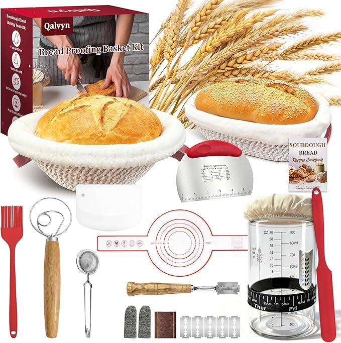Sourdough Bread Baking Supplies, Sourdough Starter Kit with Cotton Rope Oval & Round Bread Proofing Basket and Sourdough Starter Jar, Artisan Bread Making Kit Ideal Gift for Bakers, Women Wife Mom