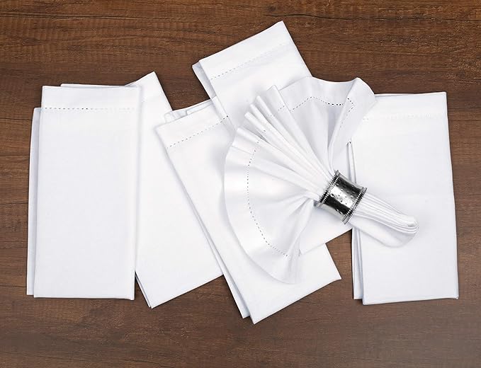 Bedding Craft Cotton Cloth Dinner Napkins Set of 12 – 18x18 White with Hemstitched Mitered Corners – Machine Washable Fabric Napkins for Weddings, Dinner Parties & Table Decorations