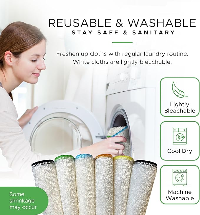 Whiffkitch Dishcloths Dishrags for Kitchen and Household Cleaning 9x9 6-Pack Non-Scratch 2-Ply Weave, Bamboo-Rayon Fabric, Absorbent, Washable, Long-Lasting