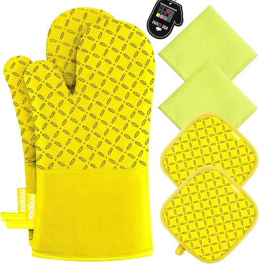 KEGOUU Oven Mitts and Pot Holders 6pcs Set, Kitchen Oven Glove High Heat Resistant 500 Degree Extra Long Oven Mitts and Potholder with Non-Slip Silicone Surface for Cooking (Yellow)