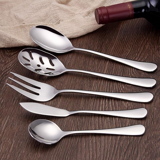 SHARECOOK 5-Piece 18/0 Stainless Steel Serving Set,Large Hostess Set with Round Edge,Mirror Finished,Dishwasher Safe -Spoons, Forks,Butter Knife& Slotted Spoon(Serving set, Silver)