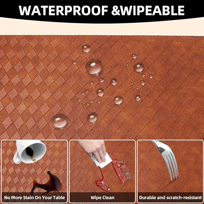 Vinyl Placemats Set of 6-12×17.7 Inch Waterproof & Heattable Placemats, Fall Faux Leather Wipeable Outdoor Table Mat for Dining, Kitchen, Indoor Outdoor Use (Caramel brown, Diamond pattern)