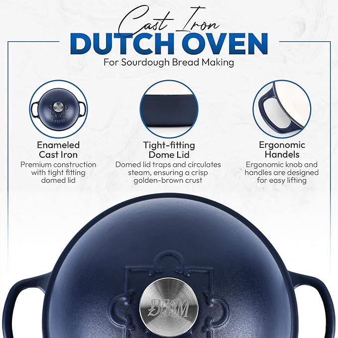 Cast Iron Dutch oven Pot with Lid for Sourdough Bread Baking – Versatile Bread Oven with Non-Stick Enamel Coating, Matte Finishing, Exquisite Embossed Pattern & Ergonomic Handles