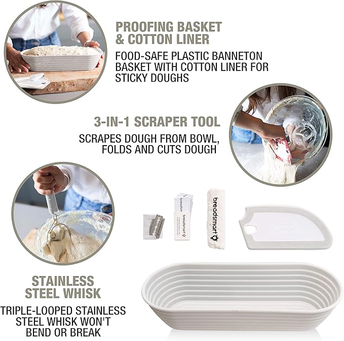 Breadsmart Artisan Bread Making Kit - 5PC Sourdough Bread Baking Supplies Set - Lame, Scraper, Whisk, Banneton Bread Proofing Basket & Cotton Liner