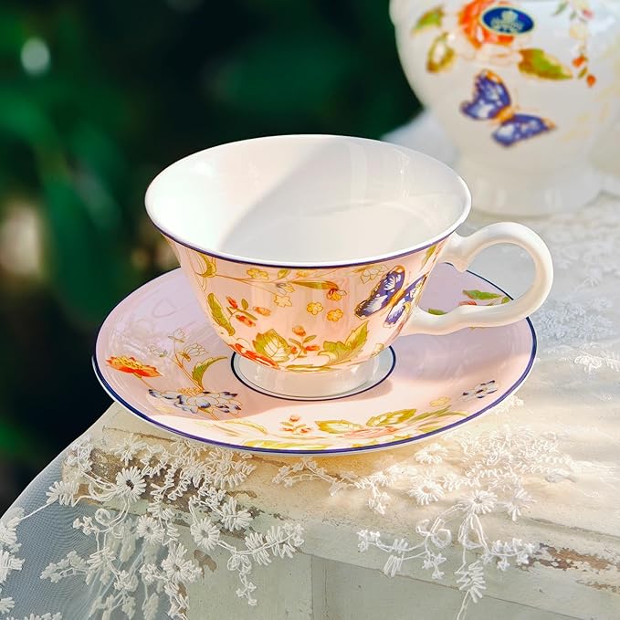 Aynsley Cottage Garden Windsor Fine Bone China English Tea Cup and Saucer Set, 7.4 oz(Pink)