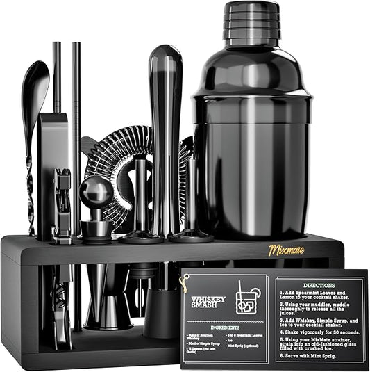 Black Stainless Steel Cocktail Shaker Set with Wood Stand - 15 Piece Bartender Kit with Drink Shaker, Bar Spoon, Jigger, Muddler, Strainer, Bottle Opener, Stopper, Pour Spout, Stirrers, Tongs, Recipes