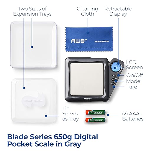 American Weigh Scales Blade Series Digital Precision Pocket Weight Scale, Gray, 650 X 0.1G (BL-650-GRY)