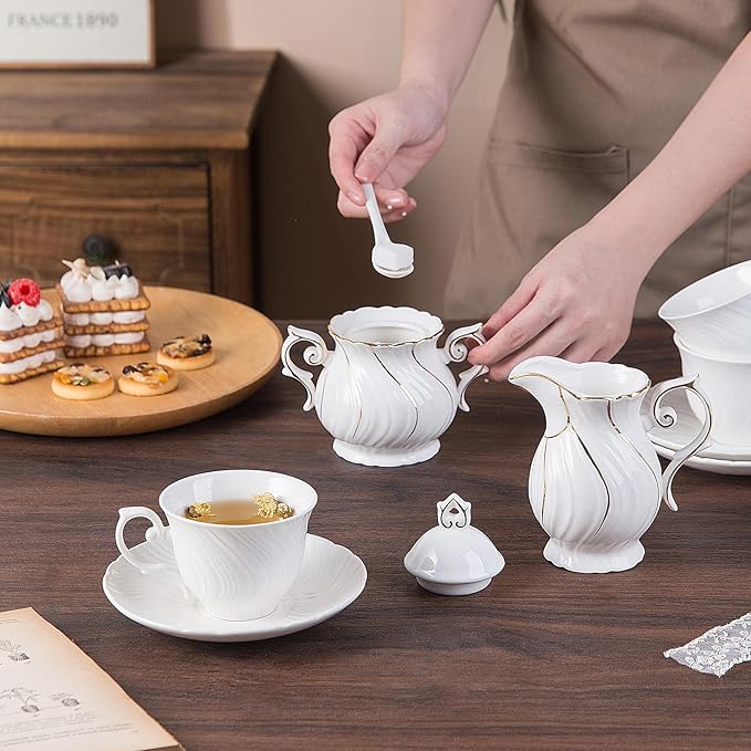 Tea Cups Set Of 4, Tea Cup And Saucer Set,6oz for Tea,Coffee, Latte, Cafe Mocha, Porcelain Tea Party Set (Pure white set of 4)