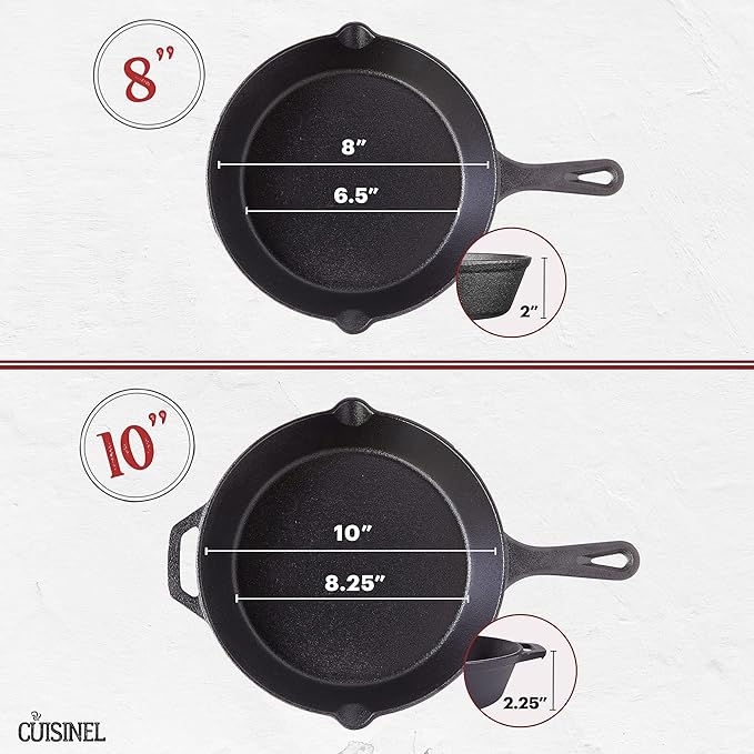 Cast Iron Skillet Set - 8" + 10"-Inch Frying Pans + Glass Lids + Silicone Handle Holder Grip Covers - Pre-Seasoned Oven Safe Cookware - Indoor/Outdoor Use - Grill, BBQ, Fire, Stovetop, Induction Safe