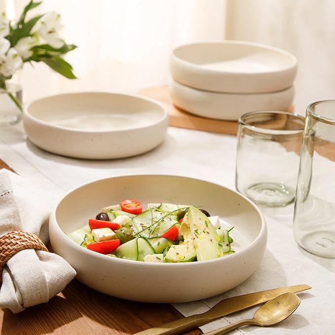 Bloomhouse - Two Time Oprah's Favorite Things Winner - Corsica Clay 4-Piece Meal and Pasta Bowl Set – Sea Salt White Stoneware for Dinner, Serving & Everyday Use