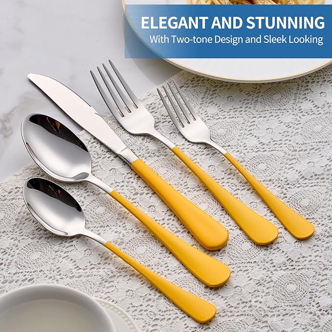 20-Piece yellow Silverware Set, 18/0 Stainless Steel yellow Handle Flatware Set, Service for 4, Modern Cutlery Set Includes Dinner Knives Forks Spoons, Mirror Polished, Dishwasher Safe