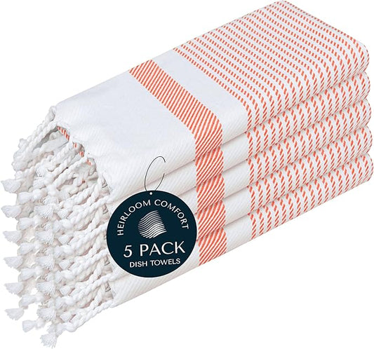 Orange Turkish Kitchen Towels 16x26 Inch, 5 Pack, 100% Cotton, Ultra Absorbent, Soft, Fast Dry, Machine Washable, Dish Towel with Tassels for Drying Dishes, Cleaning, Everyday Use
