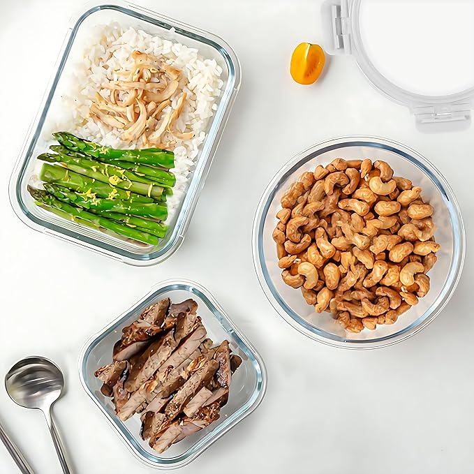 KOMUEE 30 Pieces Glass Food Storage Containers Set, Glass Meal Prep Containers Set with Snap Locking Lids, Airtight Glass lunch Containers, Microwave, Oven, Freezer & Dishwasher,White