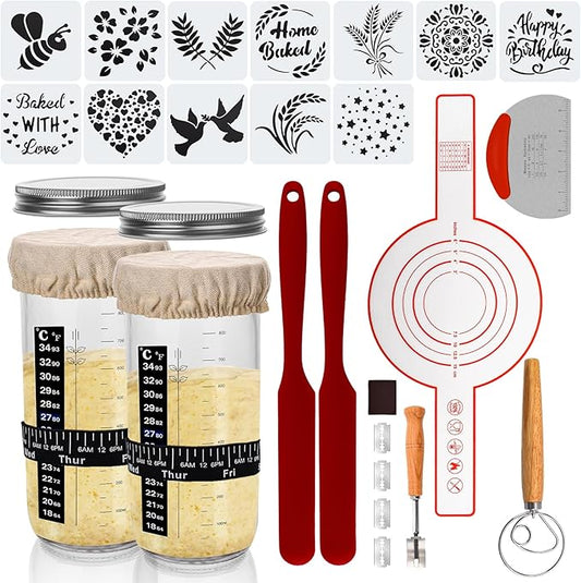 Sourdough Starter Kit, 34oz Large Sourdough Starter Jar Glass 2Pack, Sourdough Bread Baking Supplies, Fermentation Jar Bread Making Tools, Wide Mouth Glass Jar for Sourdough Bread Loaf Flour
